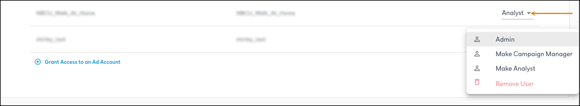 Screenshot of the Ad Account Role column with the dropdown expanded to show the following options - Admin, Make Campaign Manager, Make Analyst, Remove User.