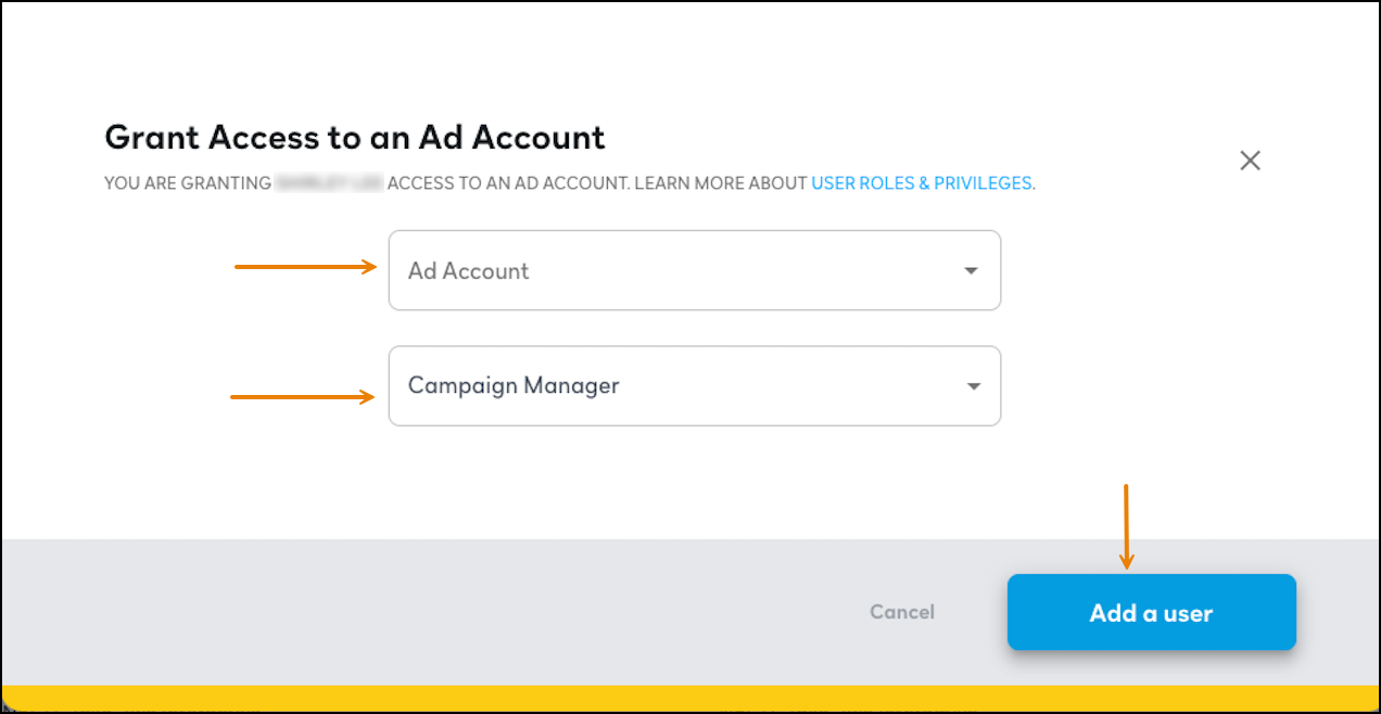 Screenshot of the Grant Access to an Ad Account screen with dropdown fields to select the ad account and campaign manager.