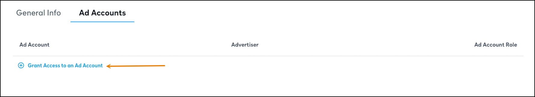 Screenshot of the Grant Access to an Ad Account link.