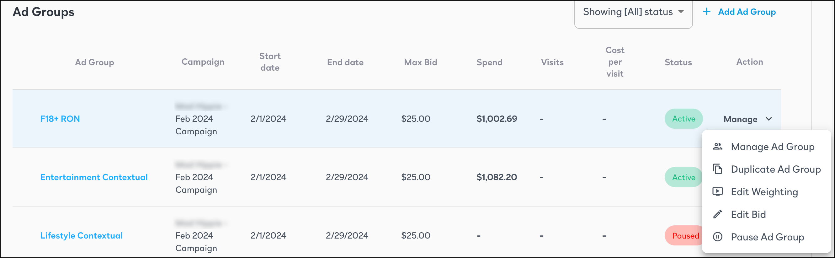 Screenshot of the Ad Groups list with the Manage dropdown field expanding. It shows the options - Manage Ad Group, Duplicate Ad Group, Edit Weighting, Edit Bid, and Pause Ad Group.