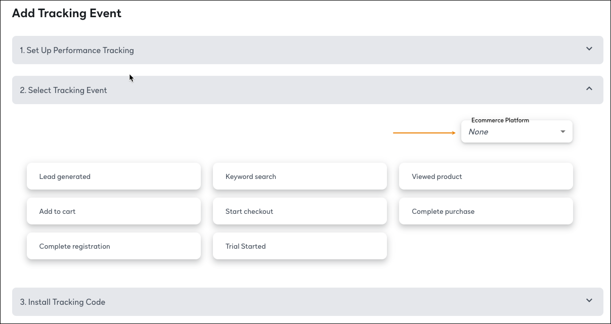 Screenshot of Step 2 of the pixel installation workflow. There is a callout pointing to the  ECommerce platform dropdown and the None option is selected.