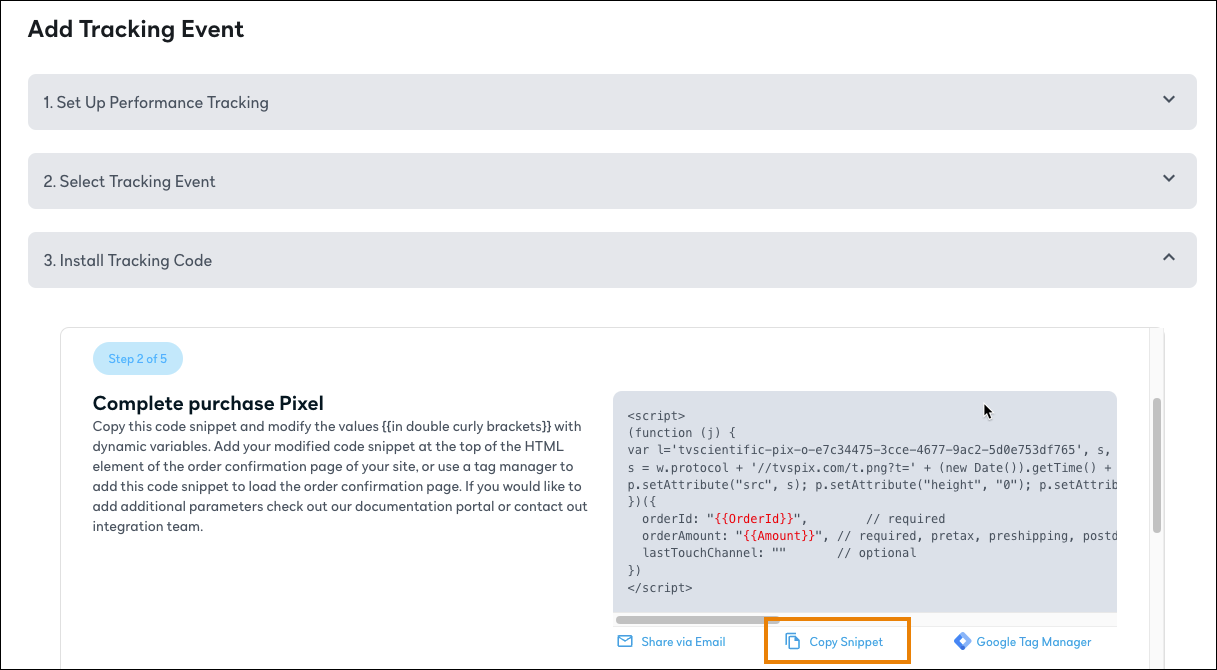 Screenshot of Step 3 of the pixel installation workflow with a callout around the link you click to copy the code snippet.