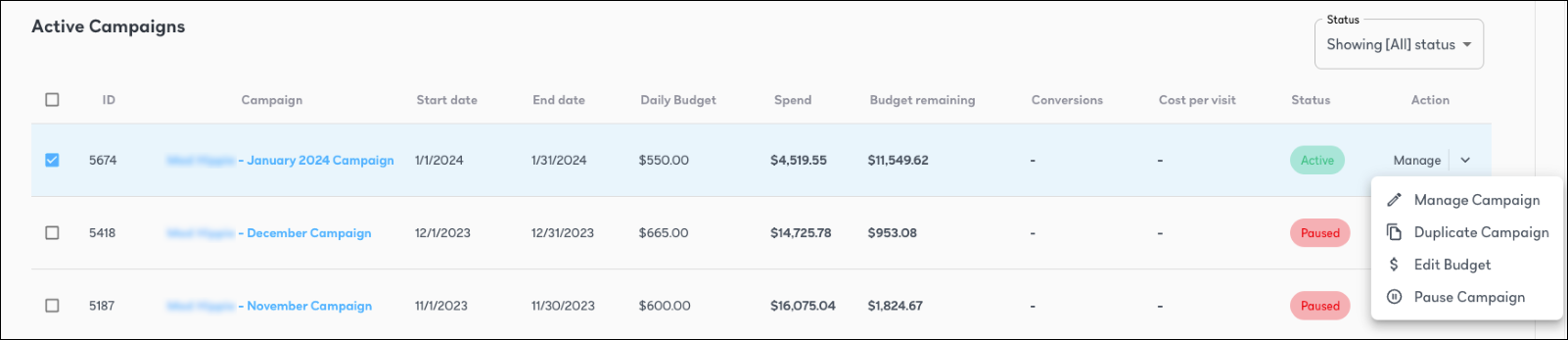 Screenshot of the Active Campaigns list with the Manage dropdown expanded to show the available options - Manage Campaign, Duplicate Campaign, Edit Budget, and Pause Campaign.