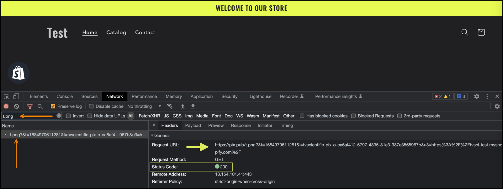 Screenshot of a Developer Tools screen. The Network tab is open. There are arrows pointing to the Filter, Request URL and Status code fields.